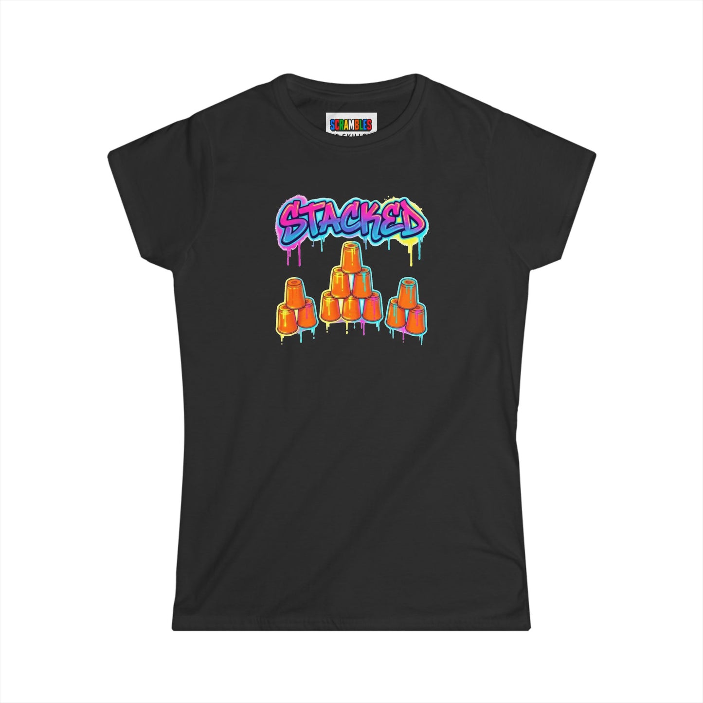 Stacked Cups Trick Shot Bottle Flip Art Women's Softstyle T-Shirt