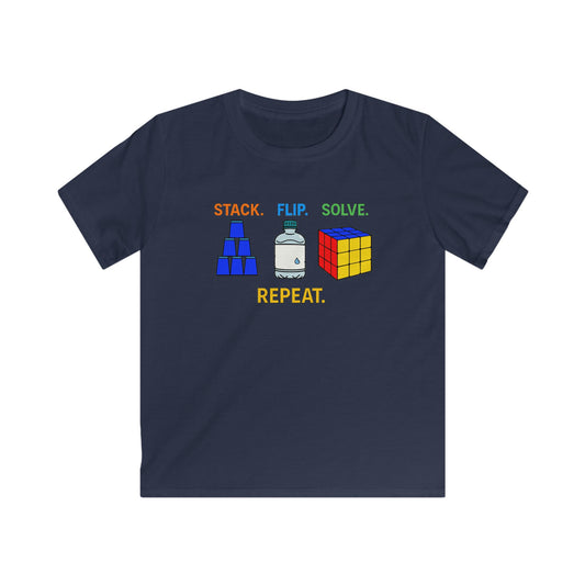 ⚡ Express - Stack Flip Solve Repeat - Rubik's Cube Art - Trick Shot Kids Softstyle Tee