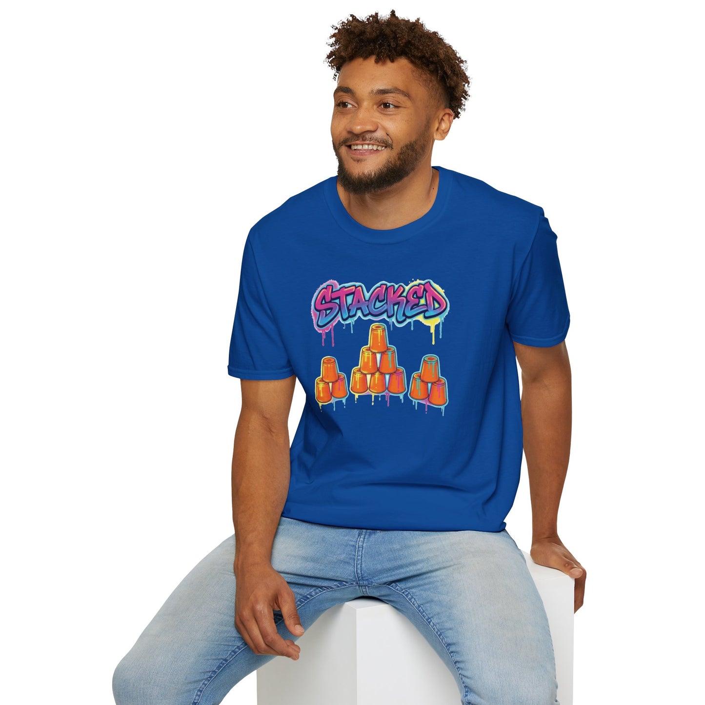 Stacked Cups Trick Shot Bottle Flip Art Unisex Graphic Softstyle T-Shirt