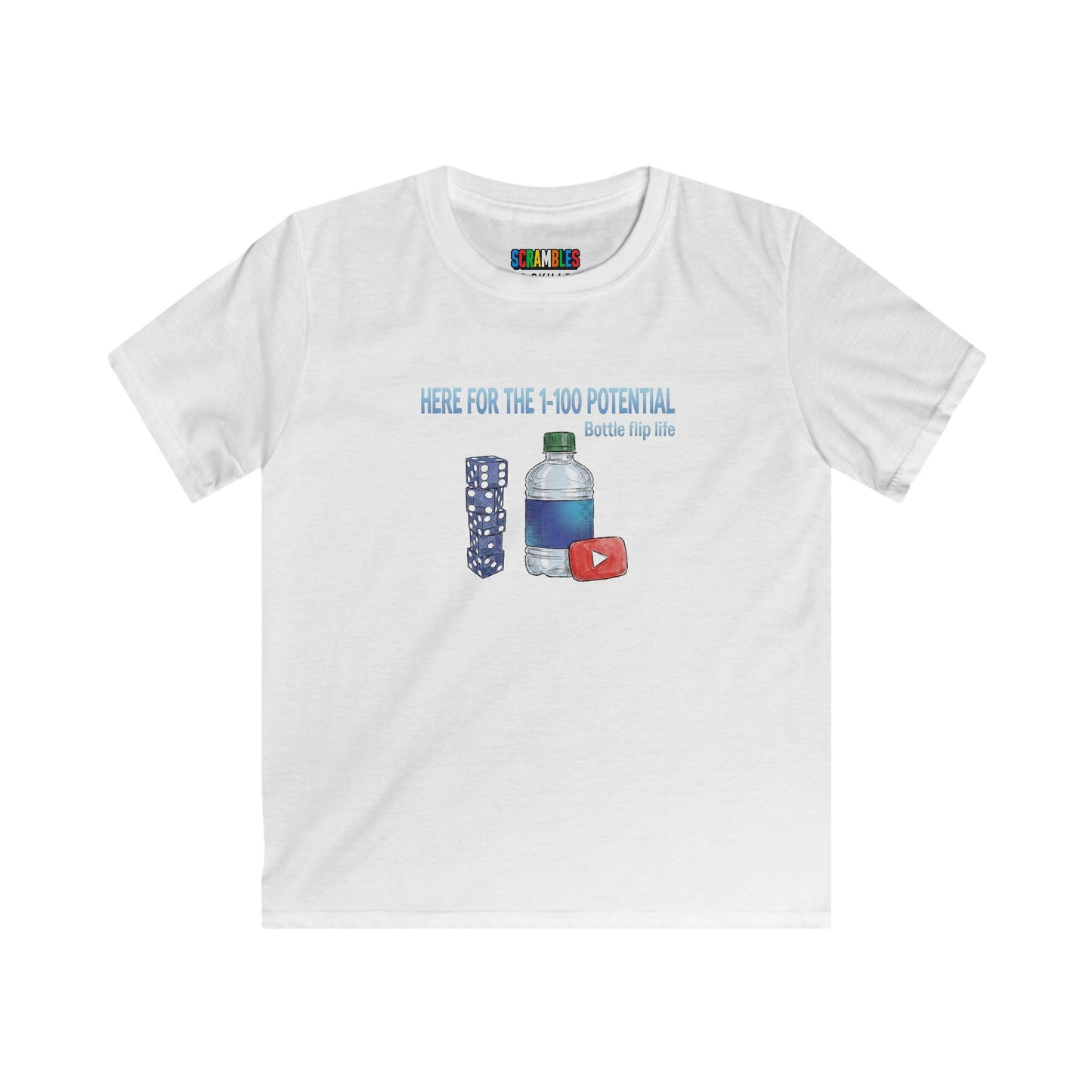 1 - 100 Potential Trick Shot Bottle Flipping Art Kids Softstyle Tee