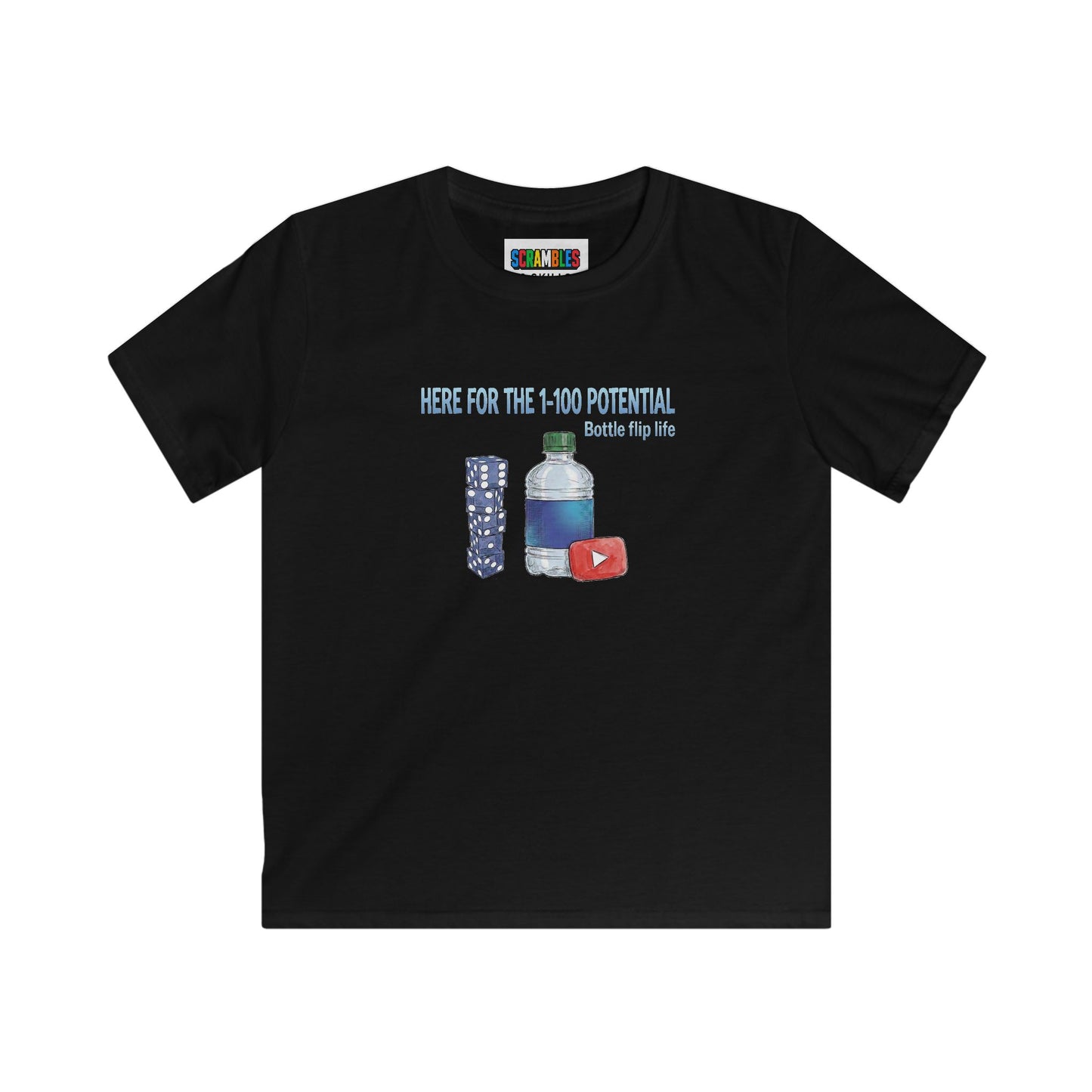 1 - 100 Potential Trick Shot Bottle Flipping Art Kids Softstyle Tee