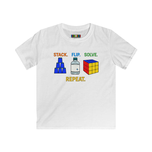Stack Flip Solve Repeat  - Rubik's Cube Art - Trick ShotKids Softstyle Tee