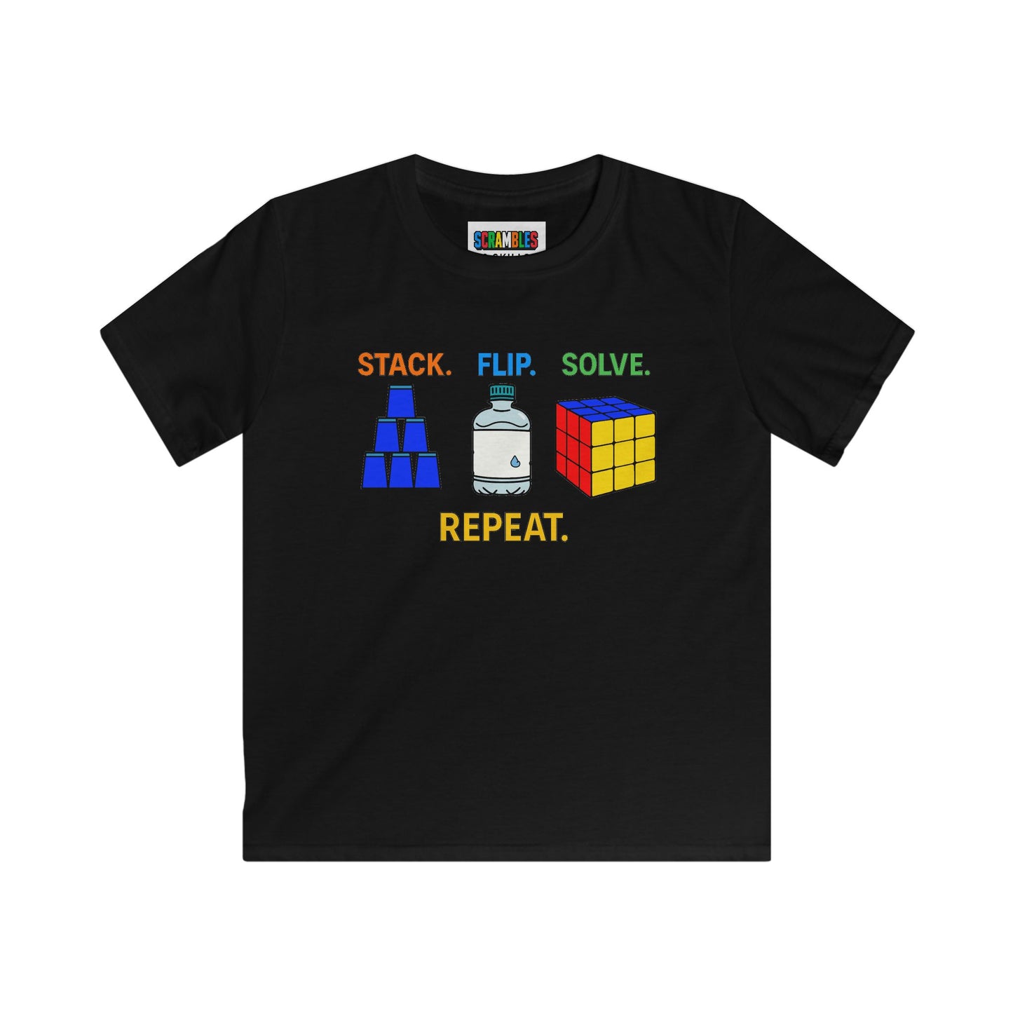 Stack Flip Solve Repeat  - Rubik's Cube Art - Trick ShotKids Softstyle Tee