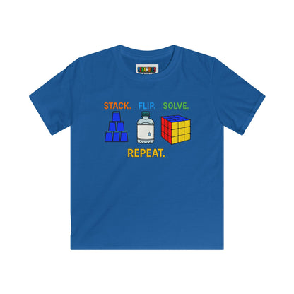 Stack Flip Solve Repeat  - Rubik's Cube Art - Trick ShotKids Softstyle Tee