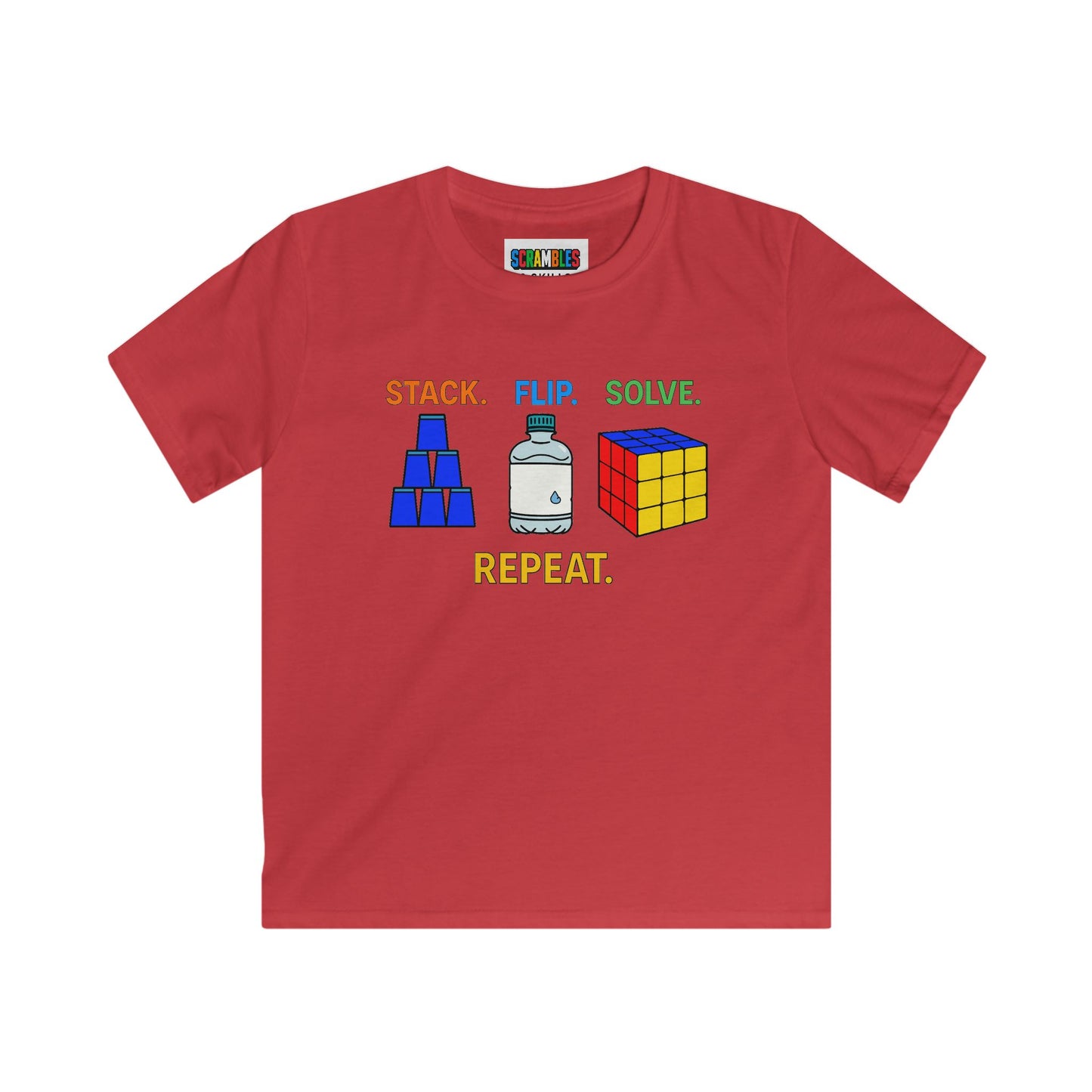 Stack Flip Solve Repeat  - Rubik's Cube Art - Trick ShotKids Softstyle Tee