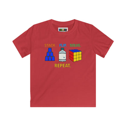 Stack Flip Solve Repeat  - Rubik's Cube Art - Trick ShotKids Softstyle Tee