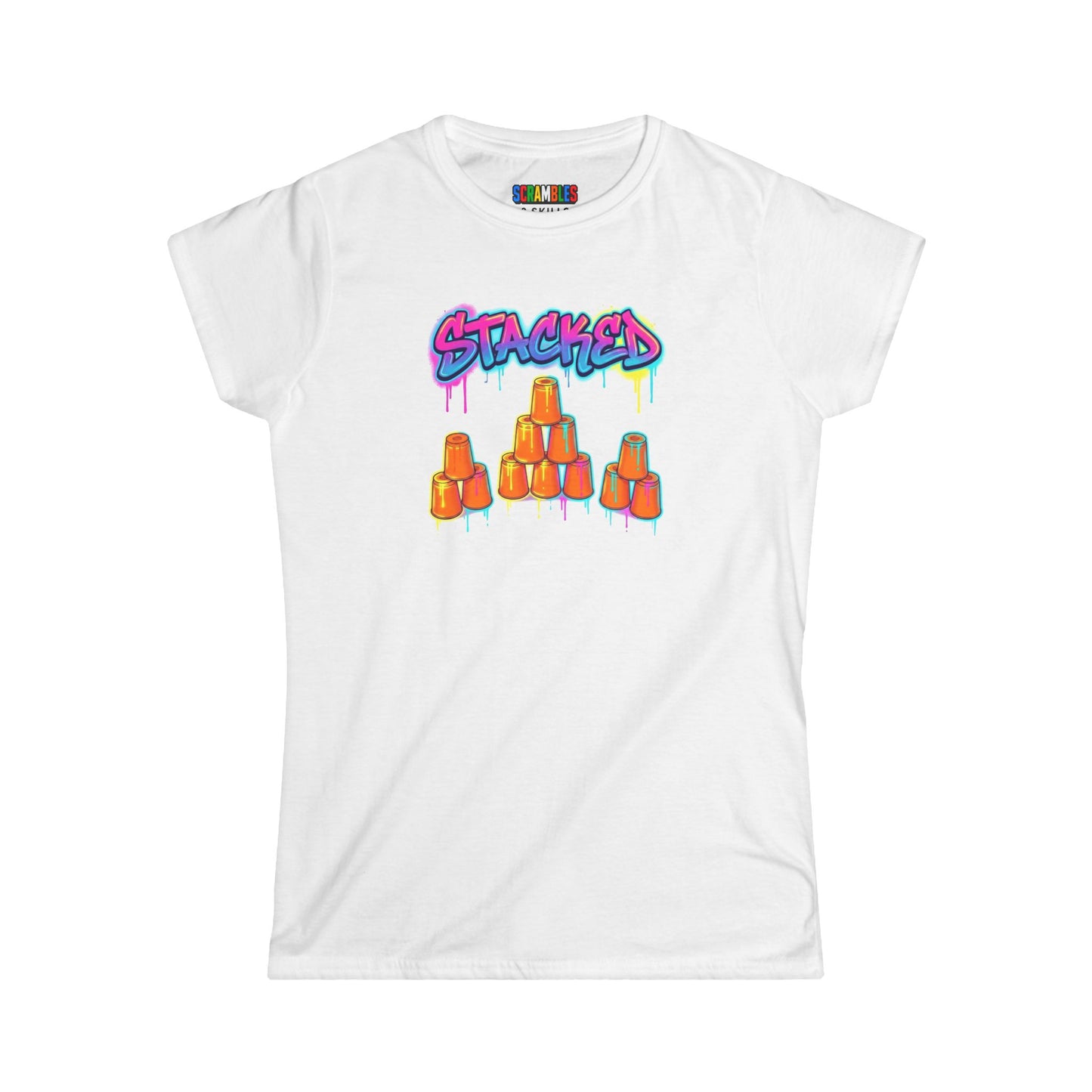 Stacked Cups Trick Shot Bottle Flip Art Women's Softstyle T-Shirt