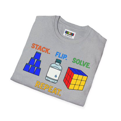 Flip Stack Solve Repeat Unisex Graphic Softstyle T-Shirt