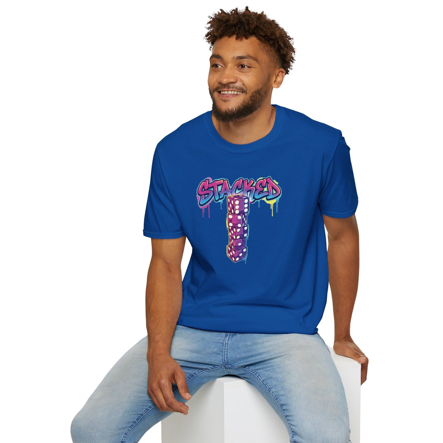 Stacked Dice Trick Shot Bottle Flip Art Unisex Graphic Softstyle T-Shirt
