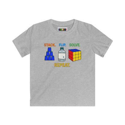 Stack Flip Solve Repeat  - Rubik's Cube Art - Trick ShotKids Softstyle Tee