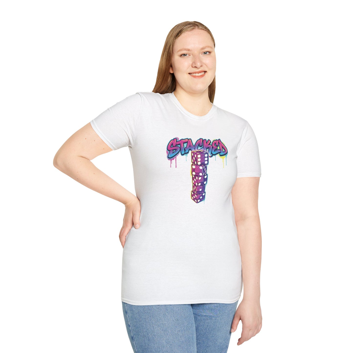 Stacked Dice Trick Shot Bottle Flip Art Unisex Graphic Softstyle T-Shirt