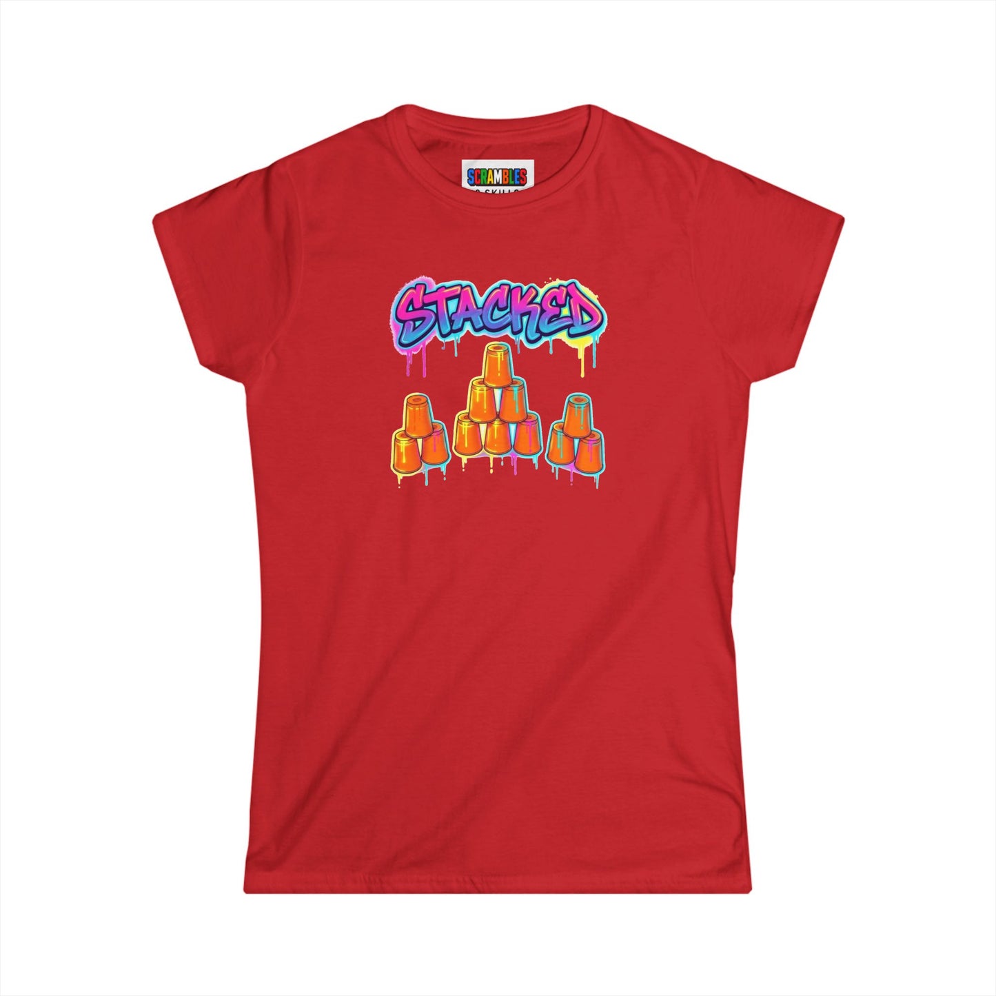 Stacked Cups Trick Shot Bottle Flip Art Women's Softstyle T-Shirt