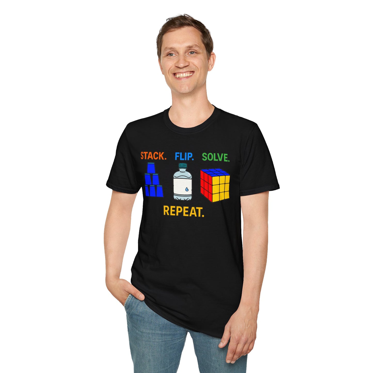 Flip Stack Solve Repeat Unisex Graphic Softstyle T-Shirt